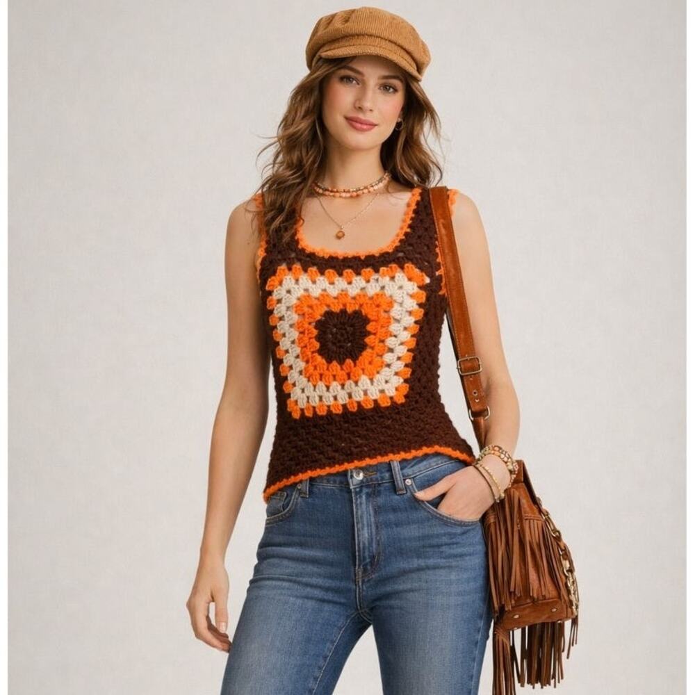 Handmade 70s Granny Square Crochet Vest Brown Orange Cream Boho Retro XS/S